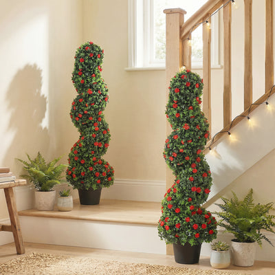 Artificial Rose Spiral Topiary Trees Set of 2 for Easy Care Doorway or Patio Display Red AOSOM