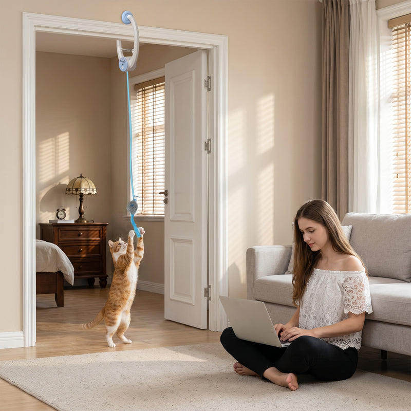 Automatic Doorway Cat Toy With Timer For Indoor Play And Scratch Prevention White Blue Pawhut