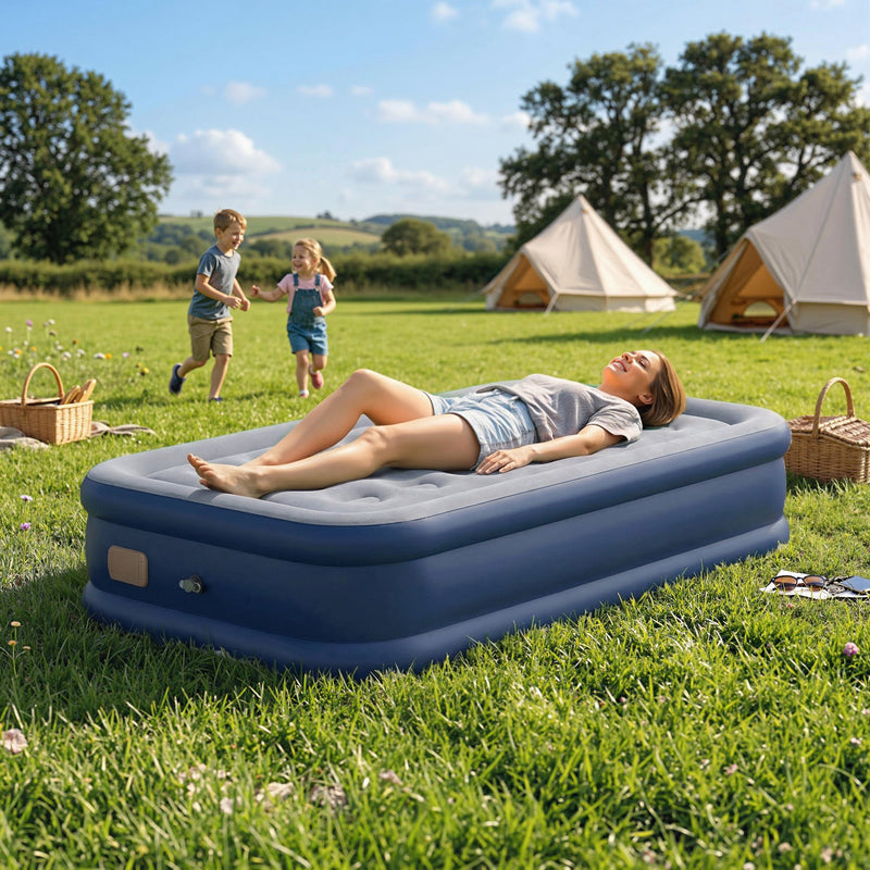 Single Inflatable Mattress with Built In Pump for Camping or Guests Grey