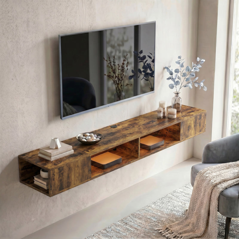 Floating Wall Mounted TV Unit with LED Lights, Storage, Cable Management for Tidy Living Room, Rustic Brown