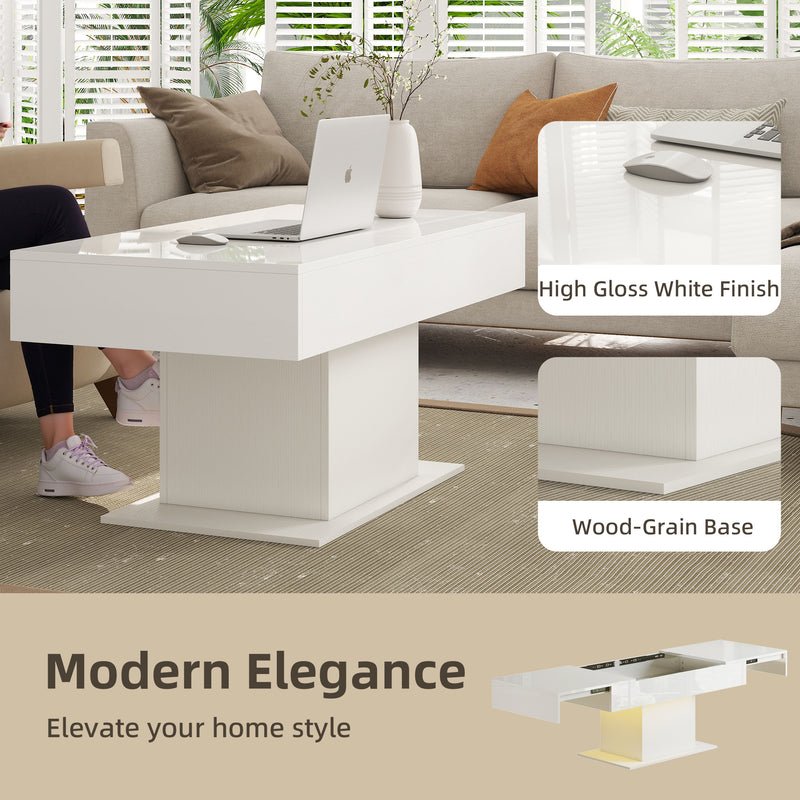 Extendable Coffee Table with LED Lighting and Hidden Storage for Living Room High Gloss White AOSOM