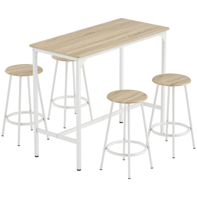 Breakfast Bar Table and Four Stools Set Space Saving for Small Kitchens Natural Wood White AOSOM