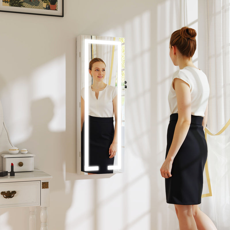Jewellery Storage Cabinet with Full Length Mirror and LED Lights Wall or Door Mounted White