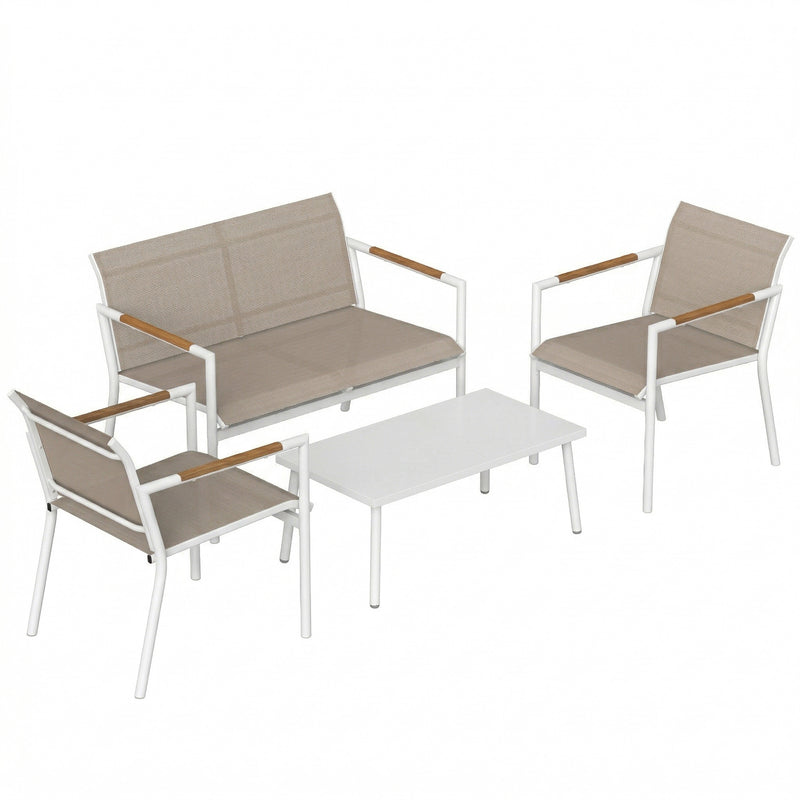 Outsunny 4 Seater Garden Furniture Set with Loveseat, Armchairs, Table, Metal Garden Sofa Set with Breathable Seats, Khaki AOSOM