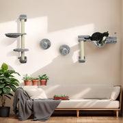 Four Piece Cat Wall Furniture Set With Hammock Ladder and Scratch Post Grey