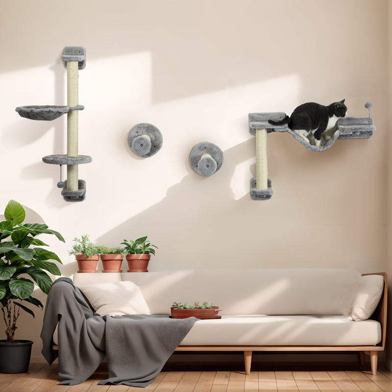 Four Piece Cat Wall Furniture Set With Hammock Ladder and Scratch Post Grey