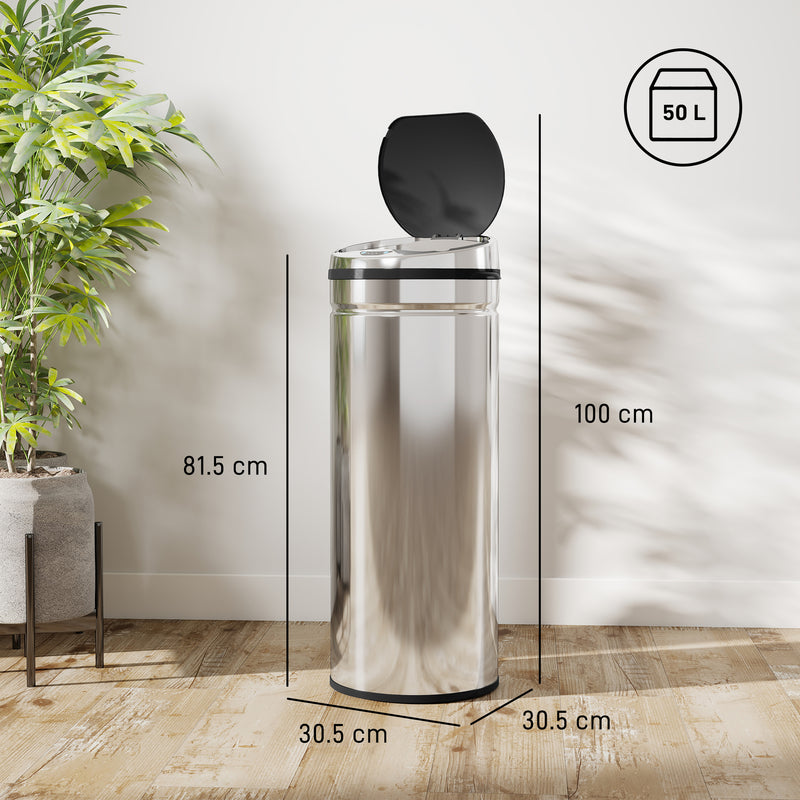50L Stainless Steel Automatic Sensor Bin With Touchless Lid For Kitchen Or Office Use, Silver