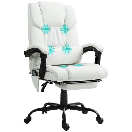 White Leather Office Chair with 6 Point Massage Adjustable Height and Footrest by Vinsetto