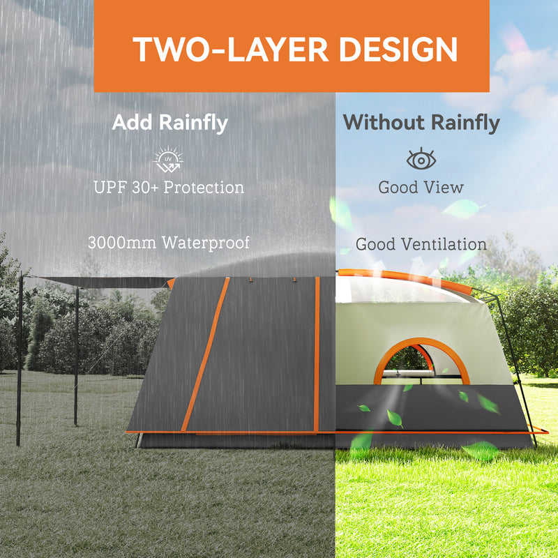 Outsunny 5 Man Camping Tent, Double Layer Tunnel Tent with Porch, Living Area and 2 Bedrooms, Sewn in Groundsheet, 3000mm Waterproof and UPF 30+, Portable with Bag, Grey