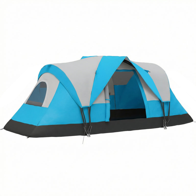 Family Tunnel Camping Tent With Groundsheet, Mesh Windows & Carry Bag, Light Blue