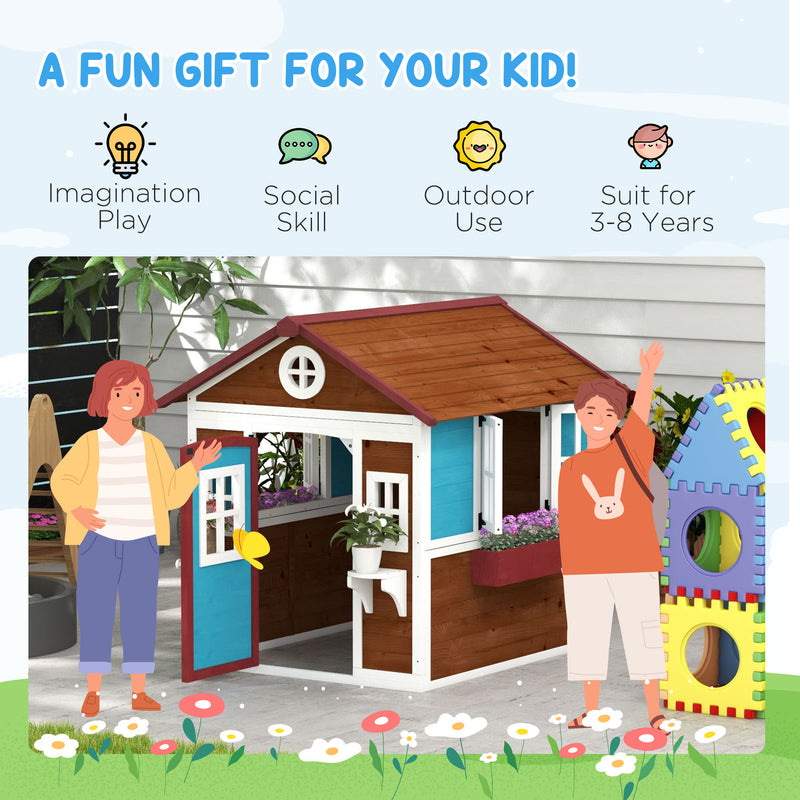 Dark Brown Wooden Kids Playhouse With Doors Windows and Plant Pots For Ages 3 to 8