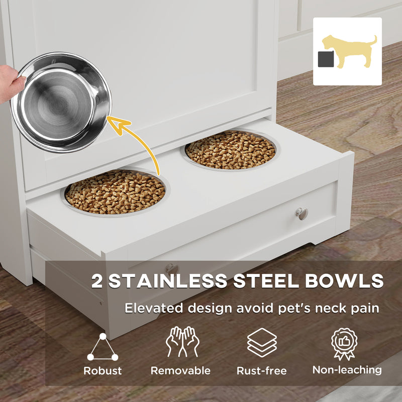 Dog Feeding Station with Raised Bowls Storage Cabinets and Hooks for Food and Supplies