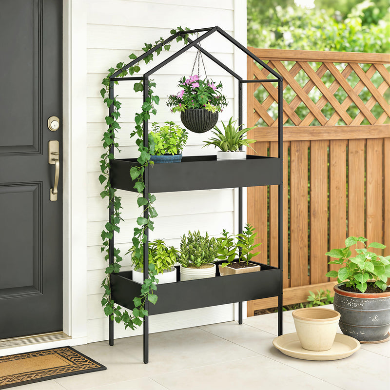 Two Tier House Shaped Plant Stand for Indoor or Outdoor Display with Adjustable Feet Black Outsunny