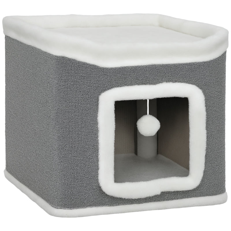 2 Level Indoor Cat House with Top Bed and Hanging Toys Ideal for Multiple Kittens Grey AOSOM