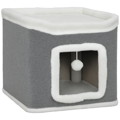 2 Level Indoor Cat House with Top Bed and Hanging Toys Ideal for Multiple Kittens Grey AOSOM