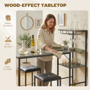 Breakfast Bar Table and Stools Set with Shelves and Wine Glass Rack for Small Spaces Washed Grey AOSOM