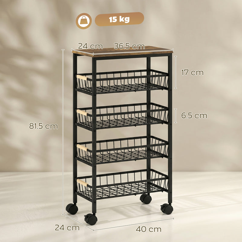 Slim Storage Trolley for Organising Snacks and Spices in Small Spaces Rustic Brown