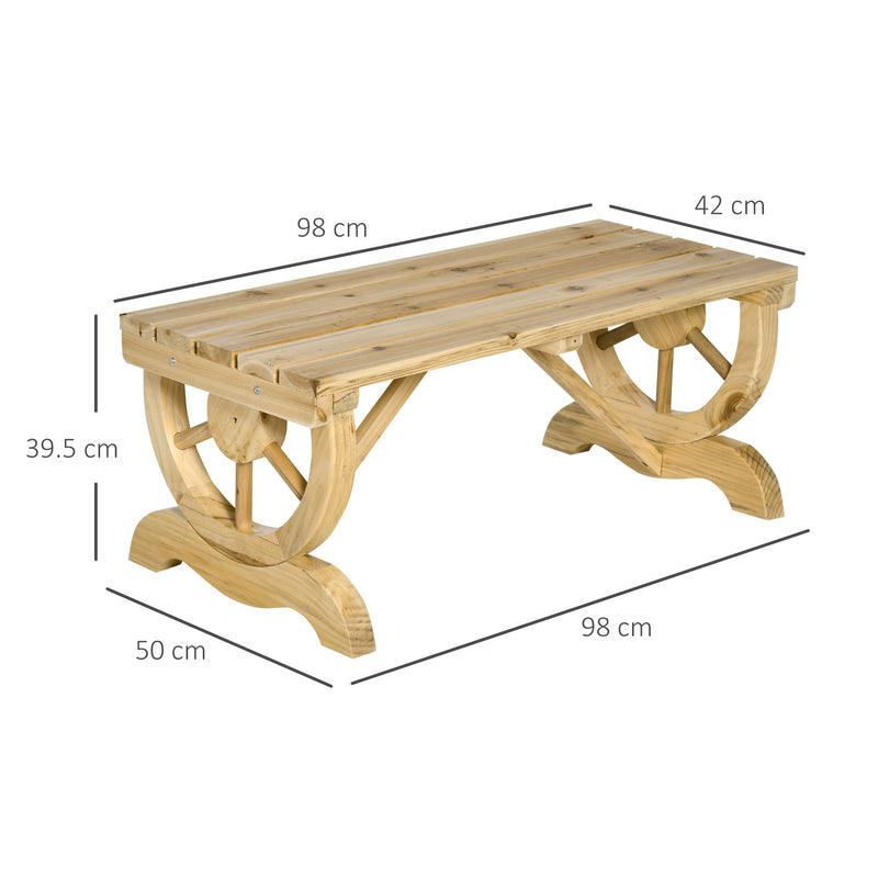 2 Seater Wooden Garden Bench with Rustic Slatted Seat and Decorative Wheel Legs for Patio