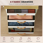 Chest of 4 Fabric Drawers for Bedroom Storage with Wooden Top Surface, Beige