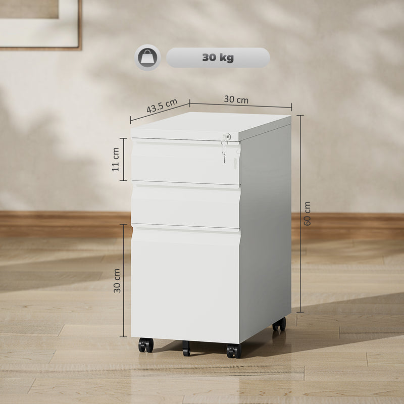 White 3 Drawer Steel Filing Cabinet with Lock and Wheels by Vinsetto