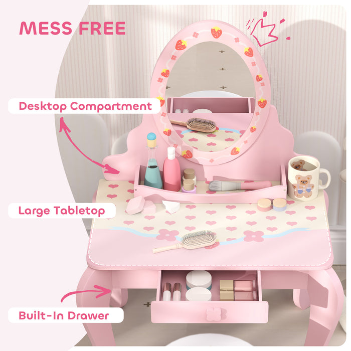 Pink Kids Dressing Table Set With Stool Mirror and Storage Strawberry Theme by AIYAPLAY