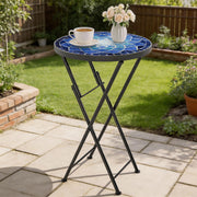 Folding Mosaic Garden Table for Patio or Balcony with Ceramic Top Navy Blue Outsunny