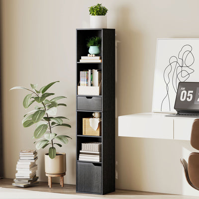 Tall Narrow 6 Tier Bookcase with Drawer and Cupboard for Home Storage Black AOSOM
