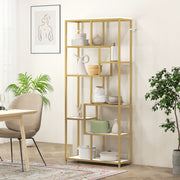 Elegant Gold Geometric Bookcase With 7 Tiered Open Shelves For Display And Storage, 80W x 30D x 180H cm