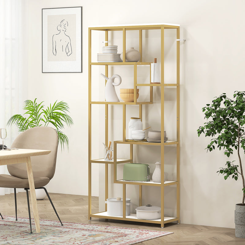 Elegant Gold Geometric Bookcase With 7 Tiered Open Shelves For Display And Storage, 80W x 30D x 180H cm