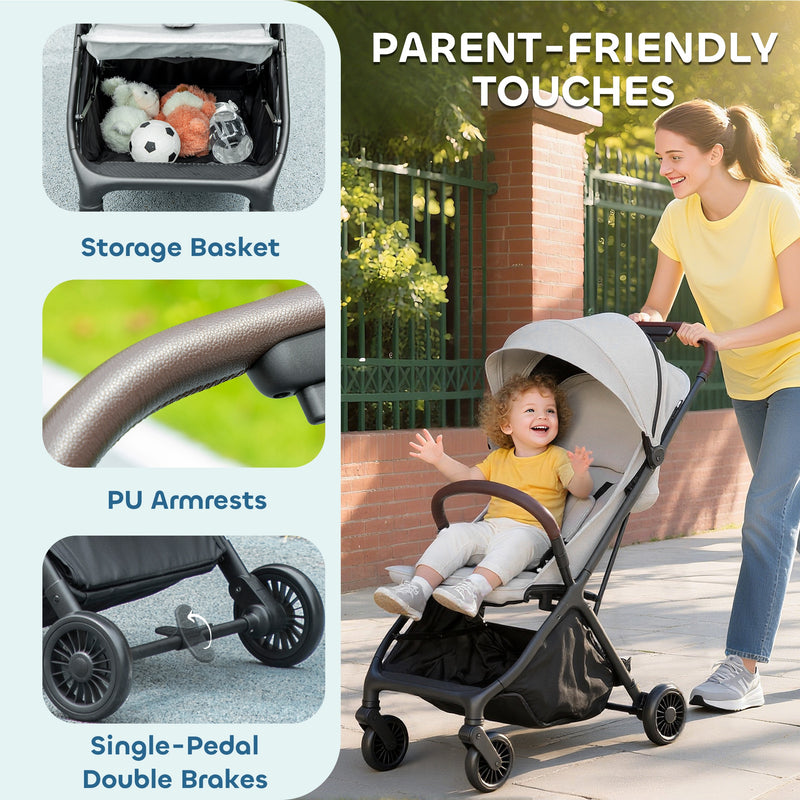 Foldable Baby Stroller with Adjustable Recline and Storage Basket Lightweight Light Grey AOSOM
