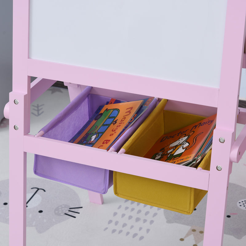 Pink Wooden 3 in 1 Kids Art Easel With Chalkboard Whiteboard and Storage Baskets