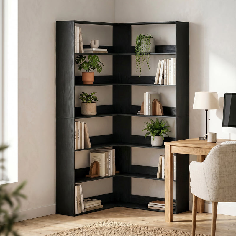 Tall Corner Bookcase with 7 Shelves for Space Saving Storage Black Wood Effect