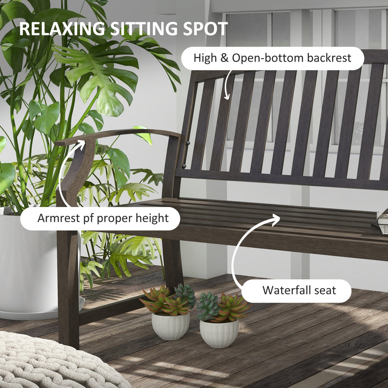 Brown Two Seater Metal Garden Bench with Slatted Design for Patio or Outdoor Use
