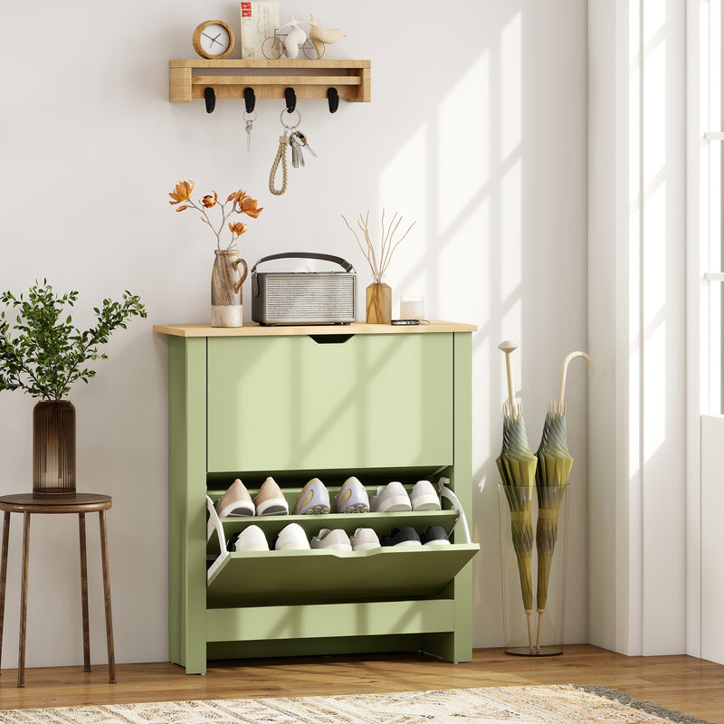 Green Slim Shoe Cabinet with 2 Flip Drawers and Adjustable Shelves for Hallway Storage 72x26x80cm