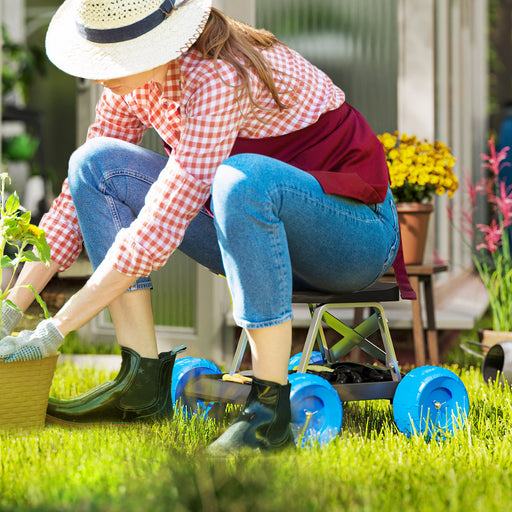 Blue Rolling Garden Seat with Wheels and Tool Tray for Weeding and Planting by Outsunny