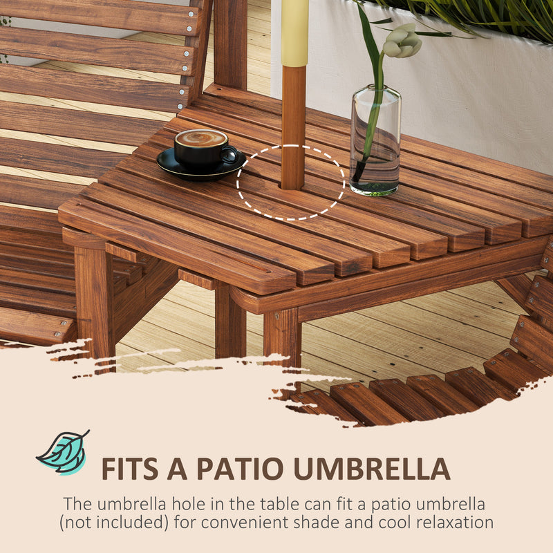 Wooden Garden Love Seat With Built In Coffee Table And Parasol Hole For Outdoors Tan Brown AOSOM