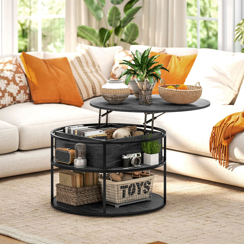 Charcoal Grey Round Lift Top Coffee Table With Storage Shelf For Living Room Or Office
