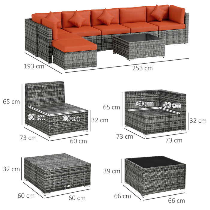 Eight Piece Rattan Garden Sofa Set with Cushions in Orange and Grey by Outsunny