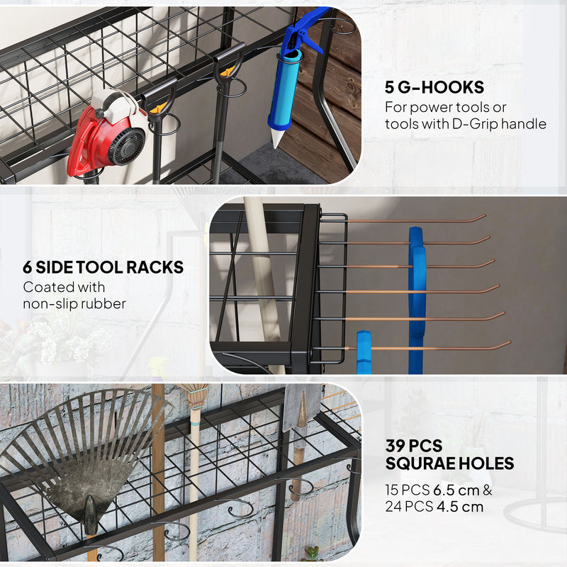 Garden Tool Storage Rack for Sheds and Garages with Hooks and Adjustable Feet Black