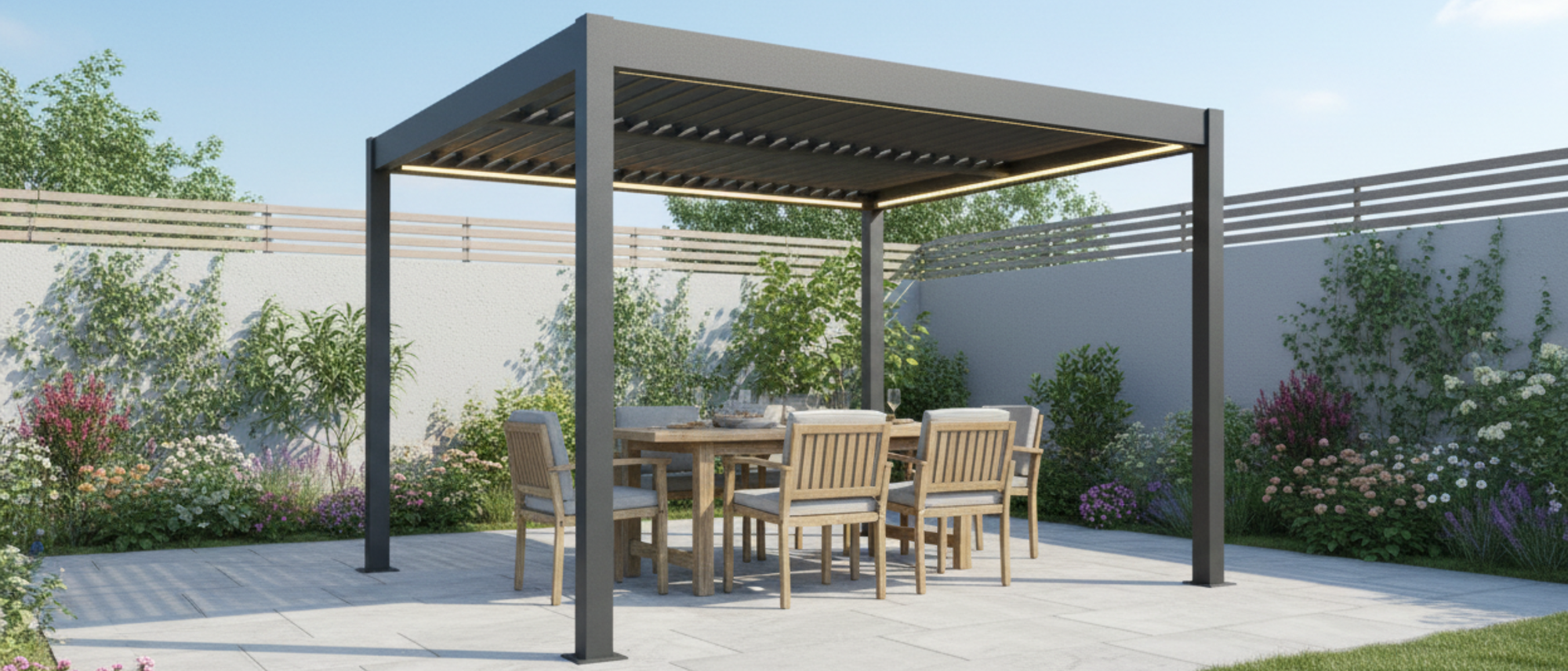 Dark grey aluminium louvred roof pergola on a British garden patio — Opal Retail UK