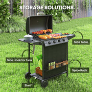 4 Plus 1 Burner Gas BBQ Grill with Thermometer Side Table and Wheels for Outdoor Cooking by Outsunny