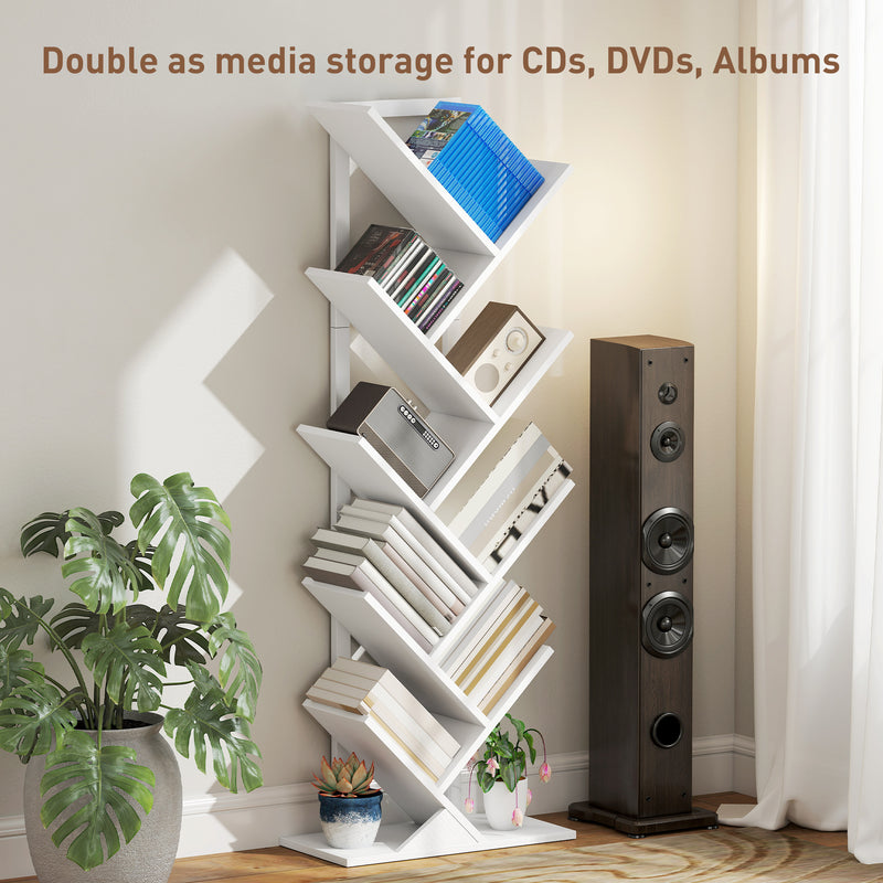 Tree Bookshelf with Eight Sections for Compact Book and Media Storage White AOSOM
