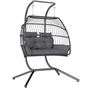 Dark Grey Rattan Double Hanging Egg Chair With Cushions And Stand For Garden by Outsunny