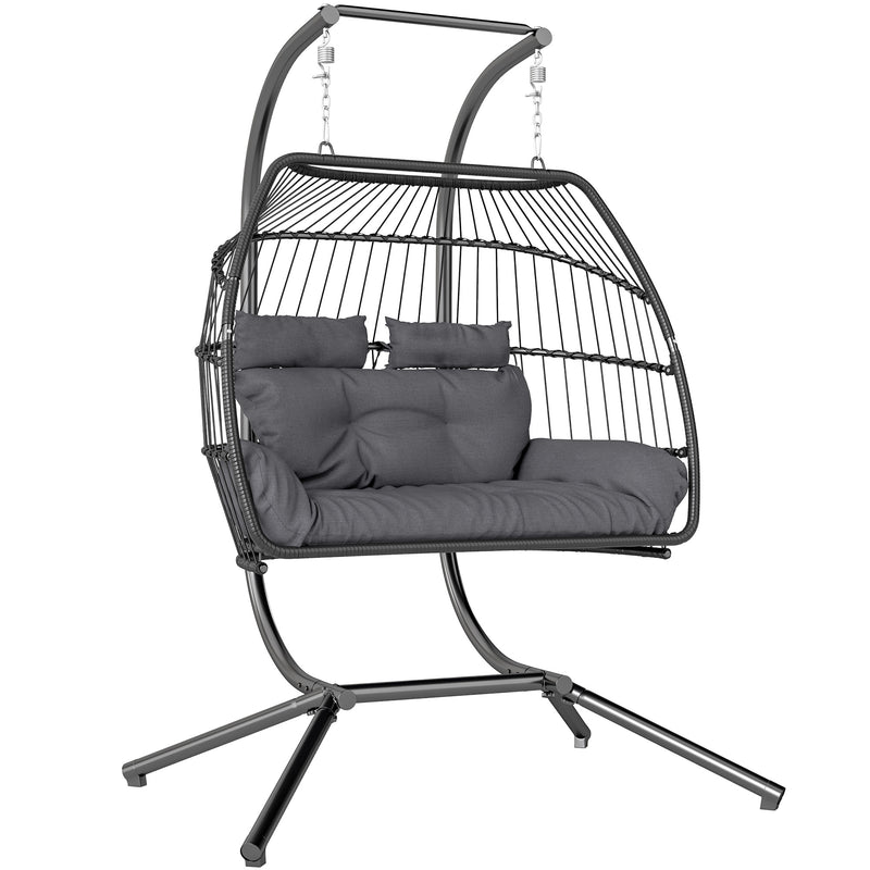 Dark Grey Rattan Double Hanging Egg Chair With Cushions And Stand For Garden by Outsunny