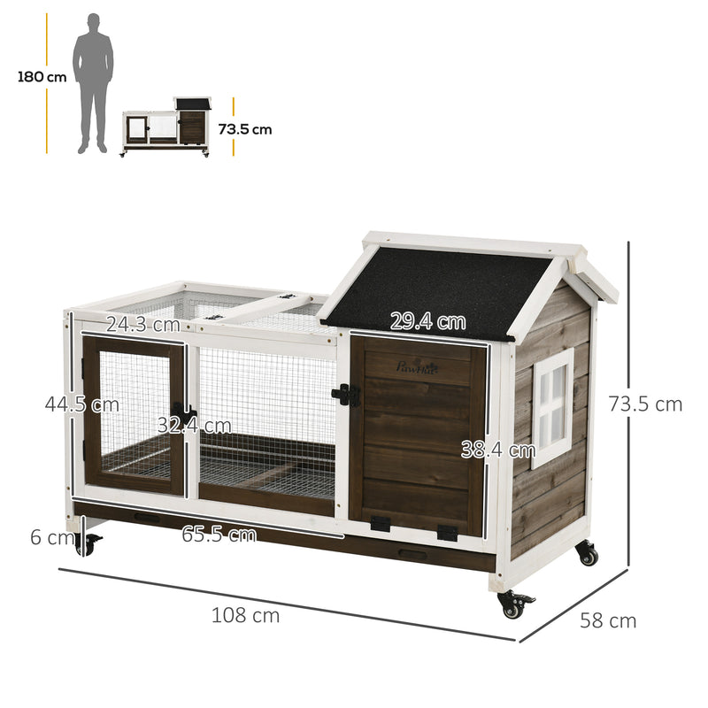 Wooden Rabbit Hutch with Removable Tray and Wheels for Outdoor or Indoor Use Brown