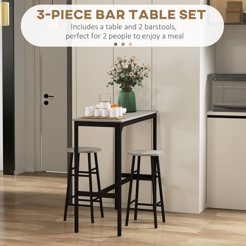 3 Piece Bar Table and Stool Set with Footrests for Kitchen or Dining Room Grey