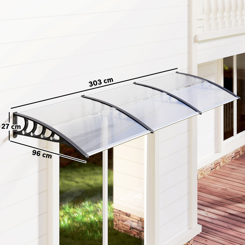Wall Mounted Front Door Porch Canopy Rain Shelter With Durable PC Roof 303 x 96cm Clear