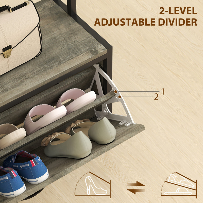 5 in 1 Industrial Hallway Coat Rack With Bench Shoe Storage And Hooks, Grey Black