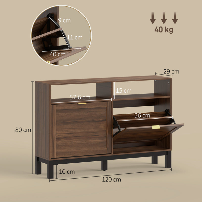 Shoe Storage Cabinet for Narrow Hallways with Flip Drawers and Open Shelves Rustic Brown AOSOM