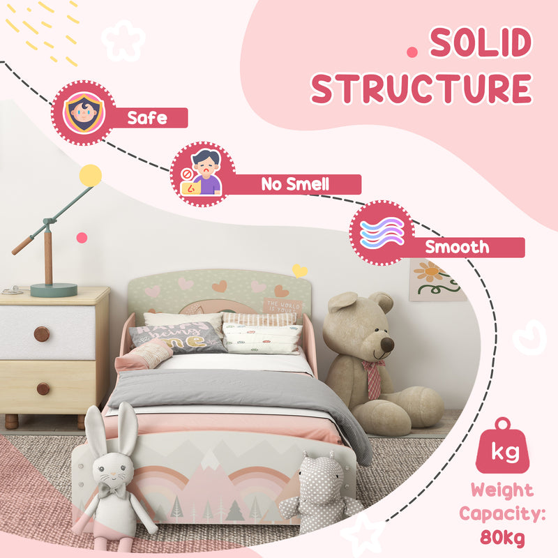 Kids Toddler Bed Frame and Dressing Table Set with Mirror and Stool for Ages 3 to 6 Pink AOSOM